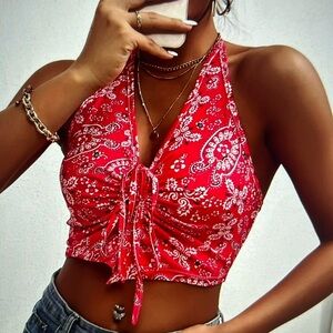 Paisley Floral Print Drawstring Tie Backless Halter Top XL NWT